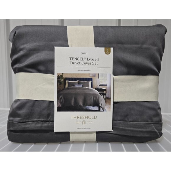 Threshold 100% Lyocell Tencel Dark Gray 3 Piece King Size Duvet Cover & Sham Set - Picture 2 of 9